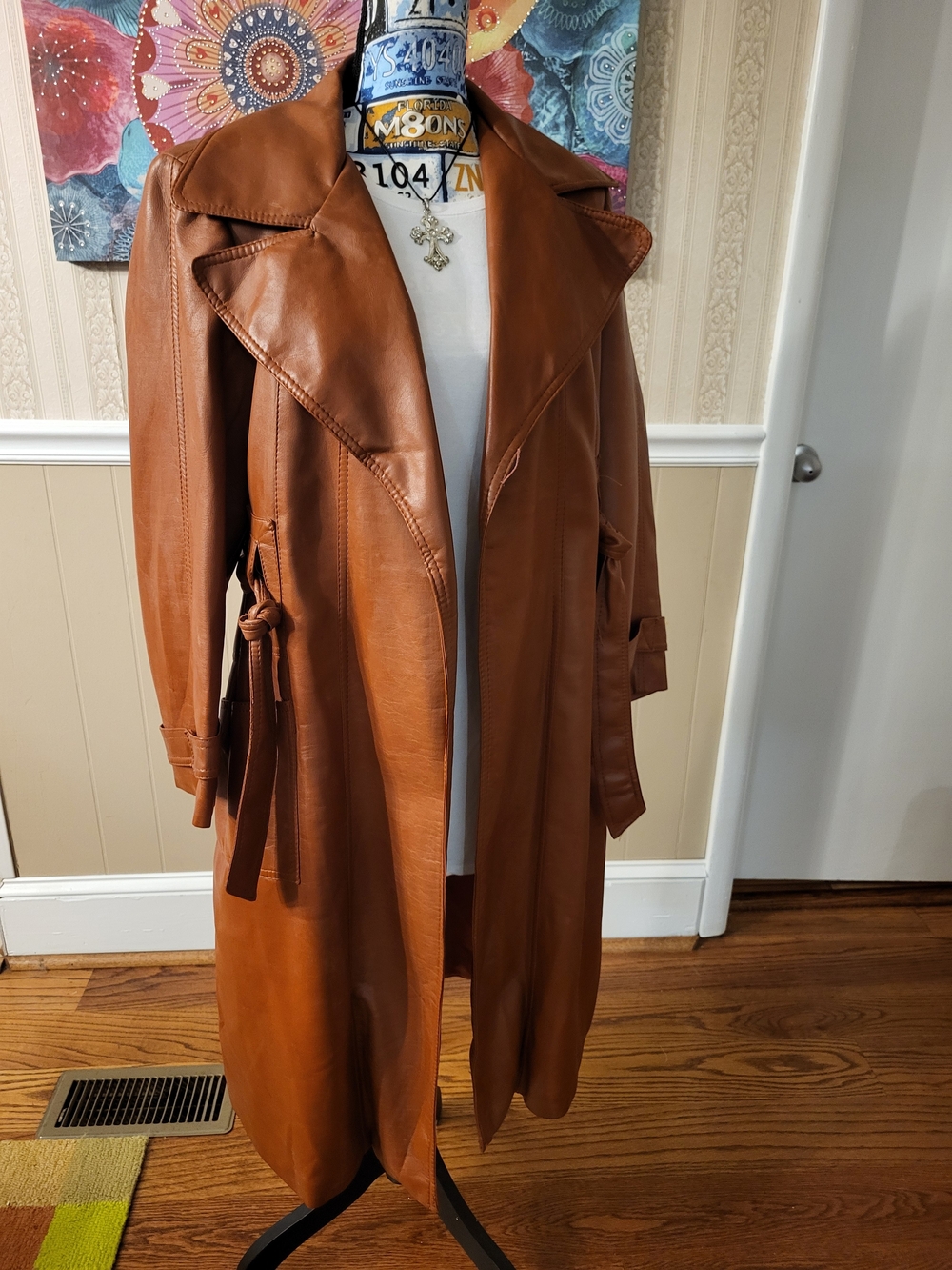 Vtg Women's Vinyl Trench Coat in Cognac - Classic Longline, Small To Med